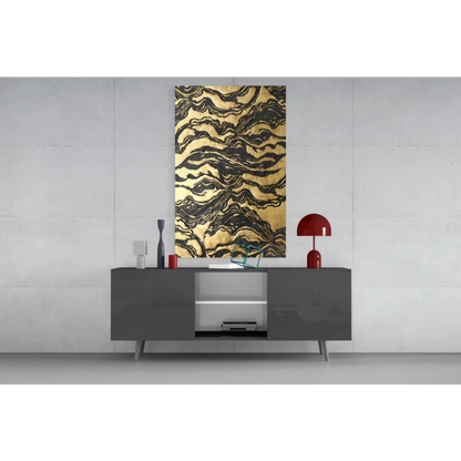 Striking gold black marbled glass wall art panel with abstract swirls