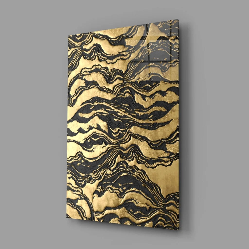 Luxurious gold black marbled glass wall art panel with wavy lines