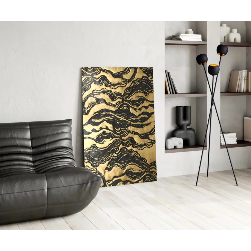 Luxurious gold black marbled glass wall art with swirling patterns