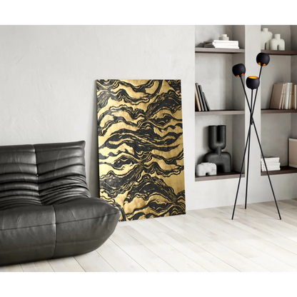 Luxurious gold black marbled glass wall art with swirling patterns