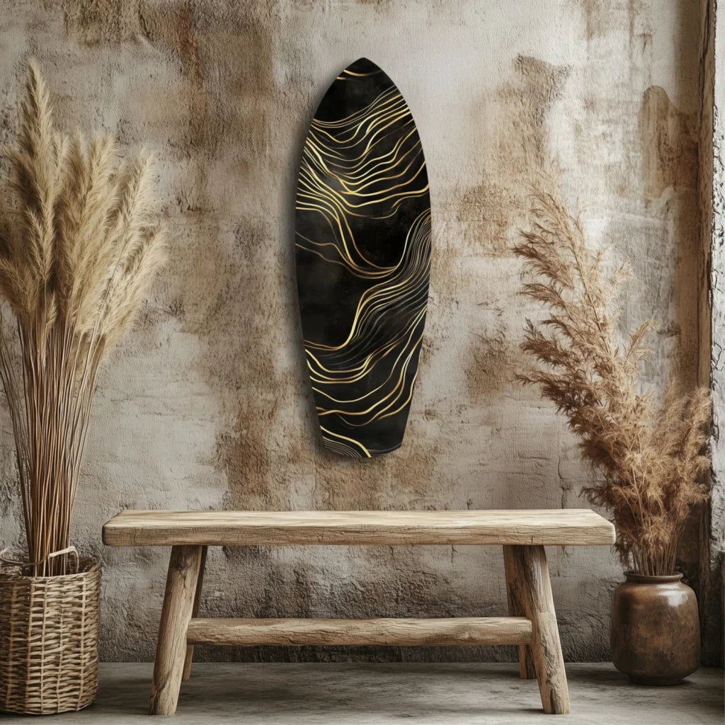 Golden Waves tempered glass art surfboard wall decor with black base and flowing gold lines