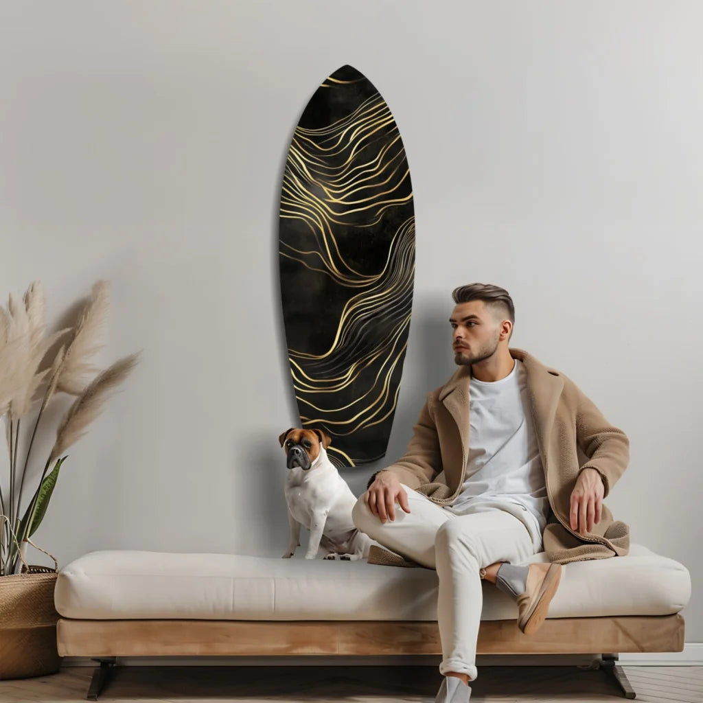 Black tempered glass art surfboard with golden waves