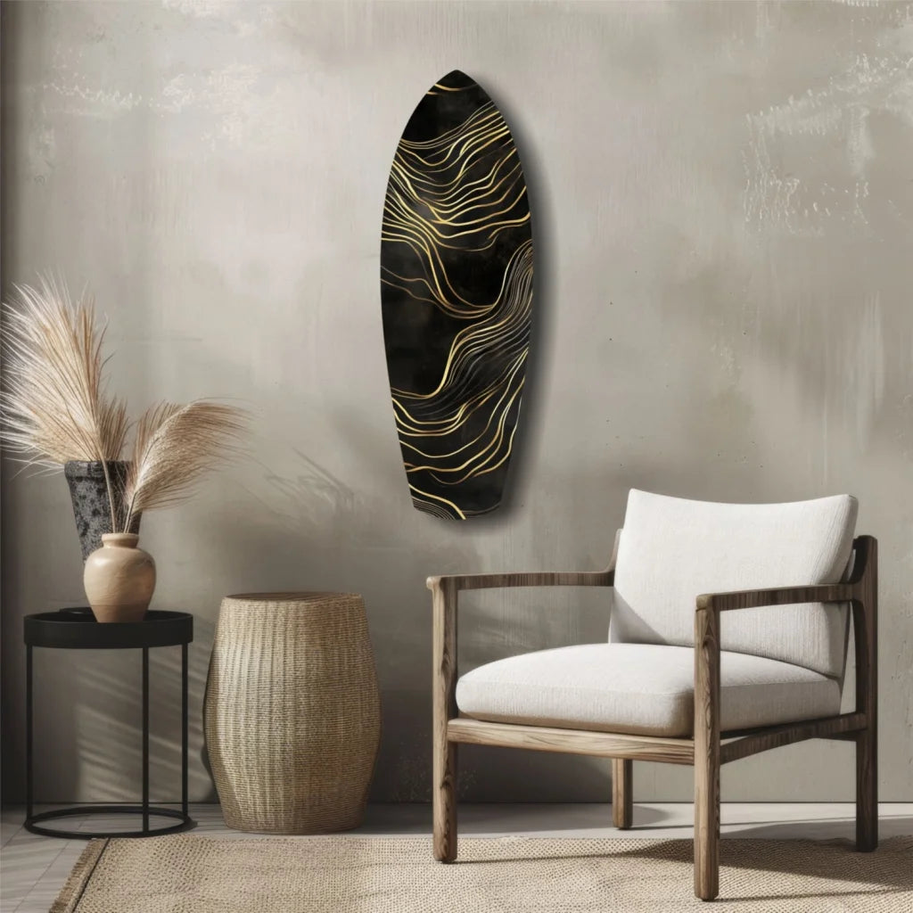 Golden Waves tempered glass art surfboard wall decor with black base and gold wavy lines