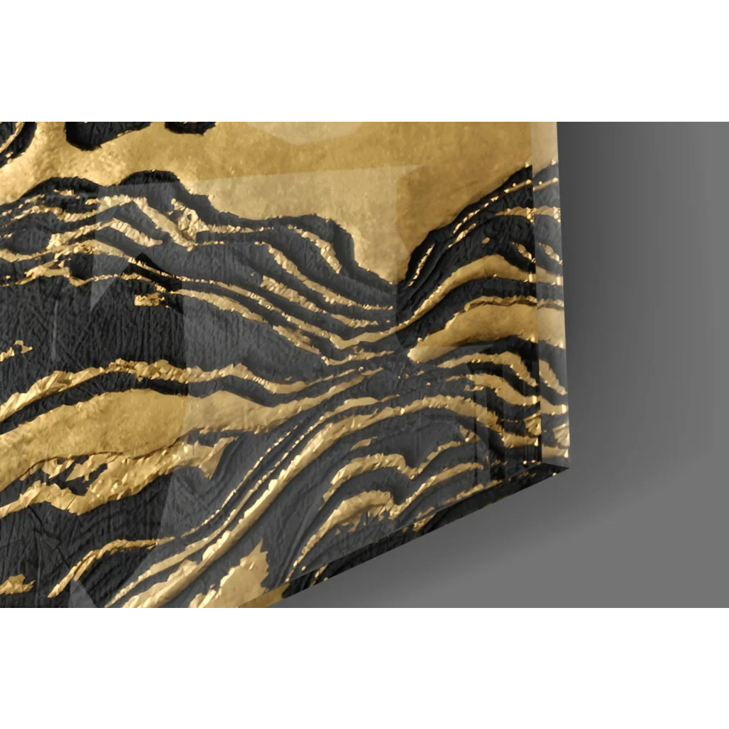 Luxurious black and gold marbled glass wall art with textured waves