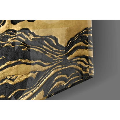 Luxurious black and gold marbled glass wall art with textured waves