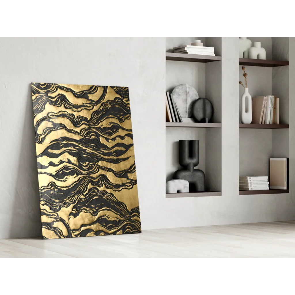 Luxurious gold black marbled glass wall art panel on white wall