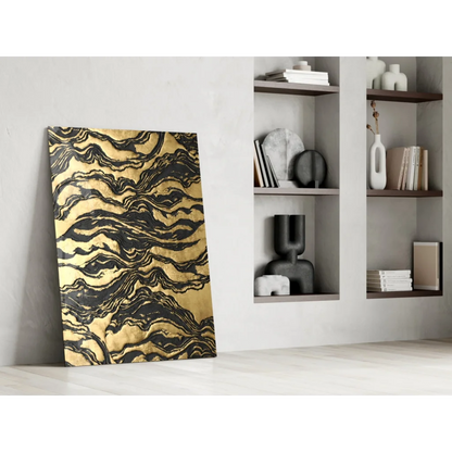 Luxurious gold black marbled glass wall art panel on white wall