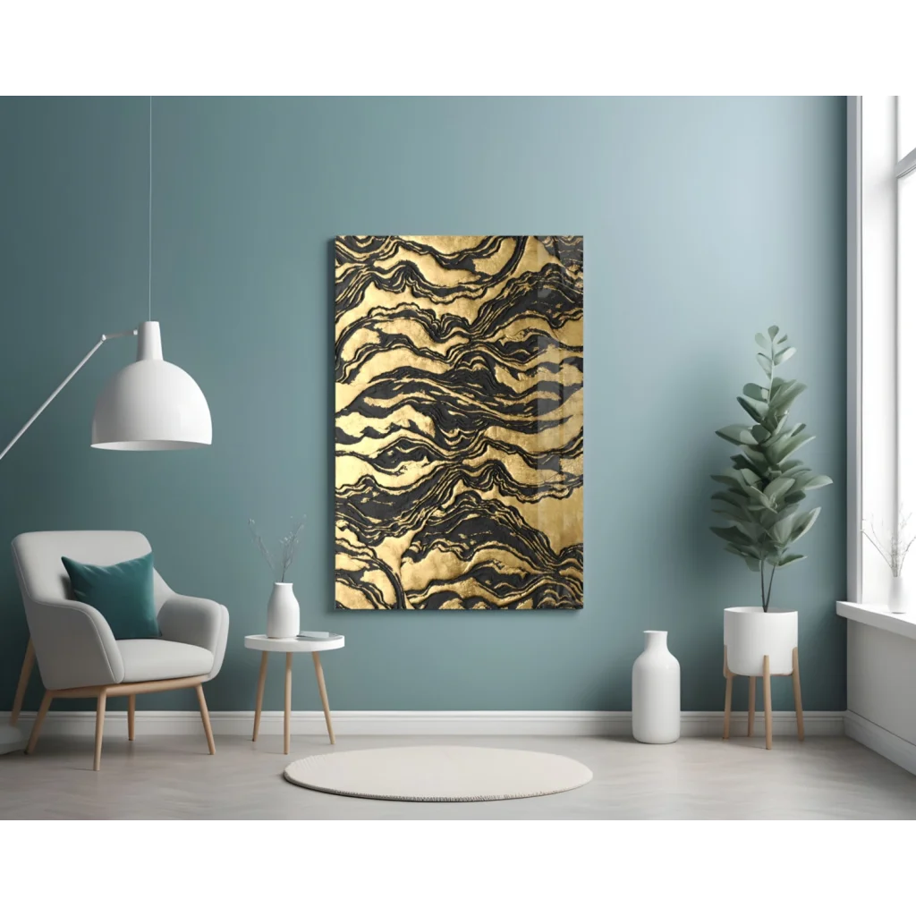 Luxurious gold black marbled glass wall art panel with wavy abstract design