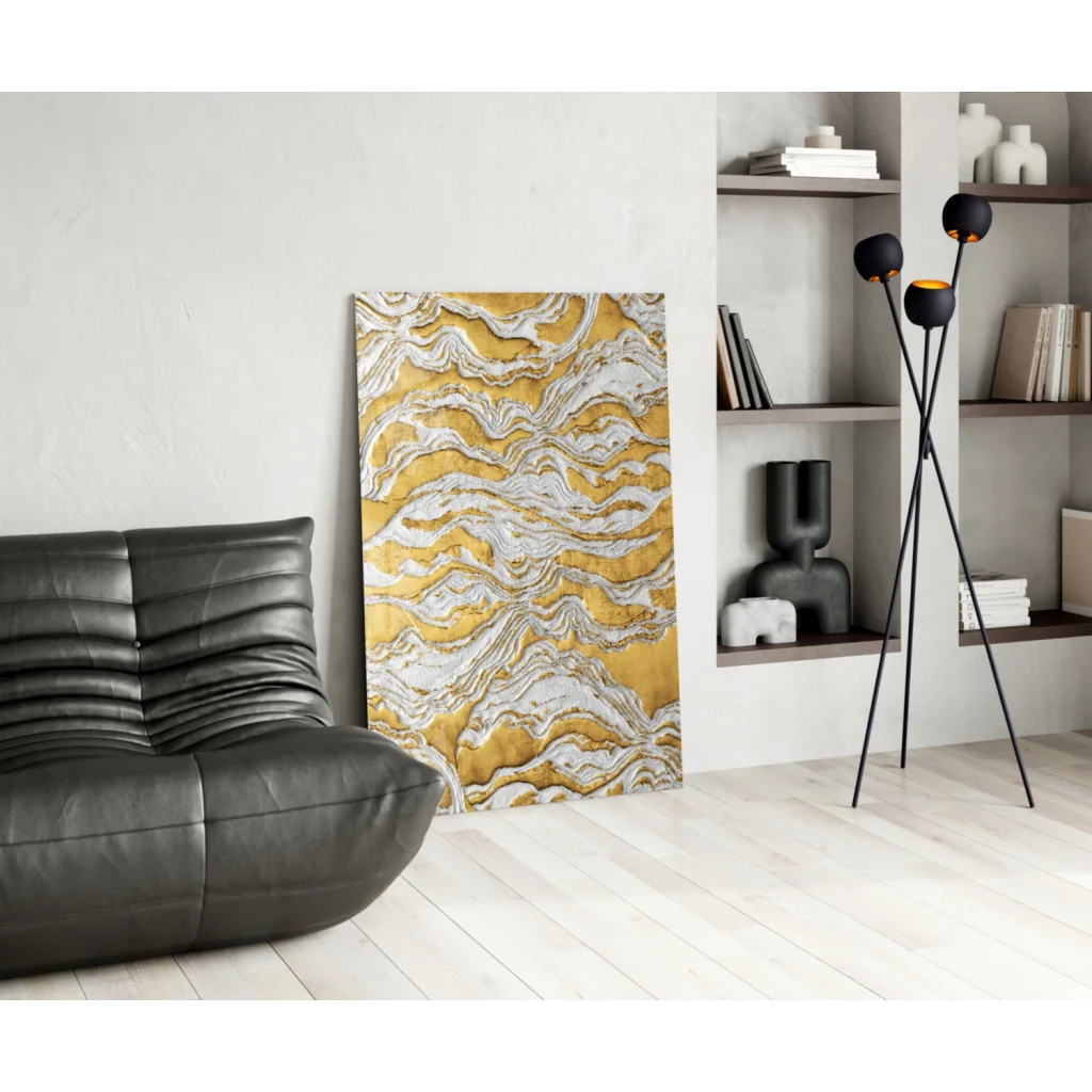 Stunning golden wave abstract canvas wall art in yellow and silver