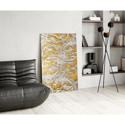Stunning golden wave abstract canvas wall art in yellow and silver