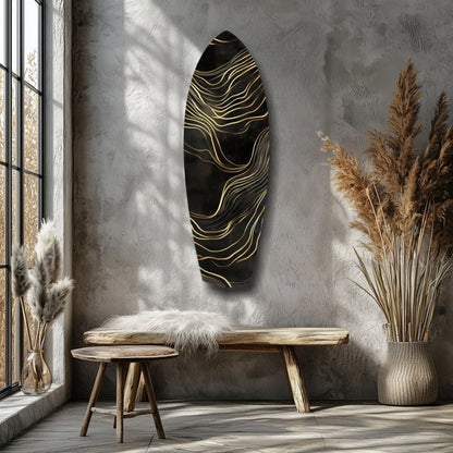 Golden Waves tempered glass art surfboard wall decor with black base and flowing gold lines