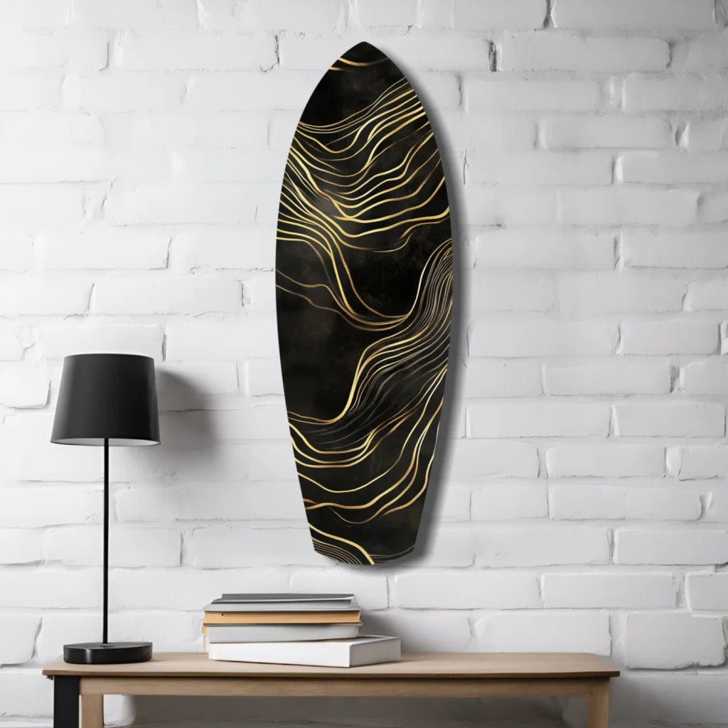 Golden Waves tempered glass art surfboard wall decor with black base and gold wavy lines