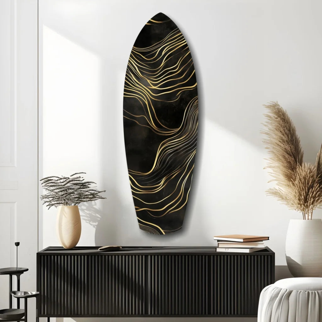 Golden waves tempered glass art surfboard wall decor