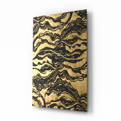 Luxurious gold black marbled glass wall art panel with textured wavy layers
