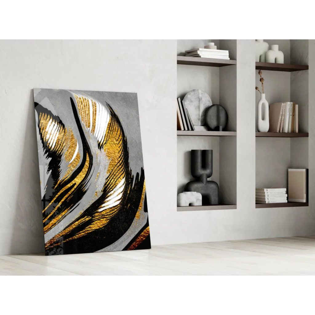 Modern abstract glass wall art with gold leaf on black and silver-gray