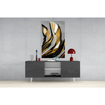 Abstract gold and black glass wall art on textured silver-gray canvas