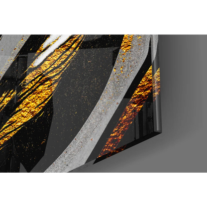 Abstract metallic gold and silver stripes on black glass wall art