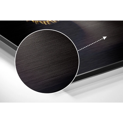 Black brushed metal frame on stunning gold sunburst art in brushed aluminium dibond