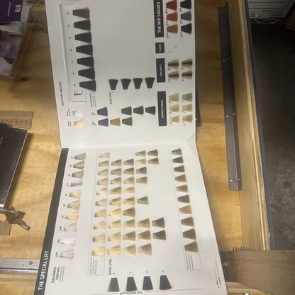 Goldwell color catalog open swatch booklet with blonde to gray shades