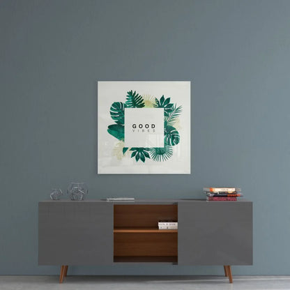 Good Vibes Tropical Tempered Glass Art with green leaf wreath