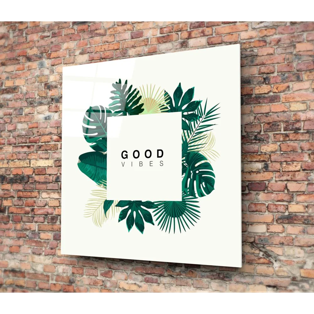 Good Vibes Tropical Tempered Glass Art with leaf wreath