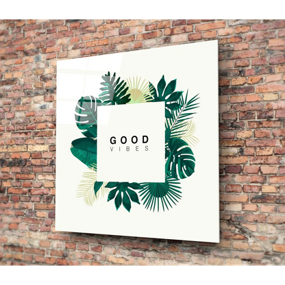 Good Vibes Tropical Tempered Glass Art with leaf wreath