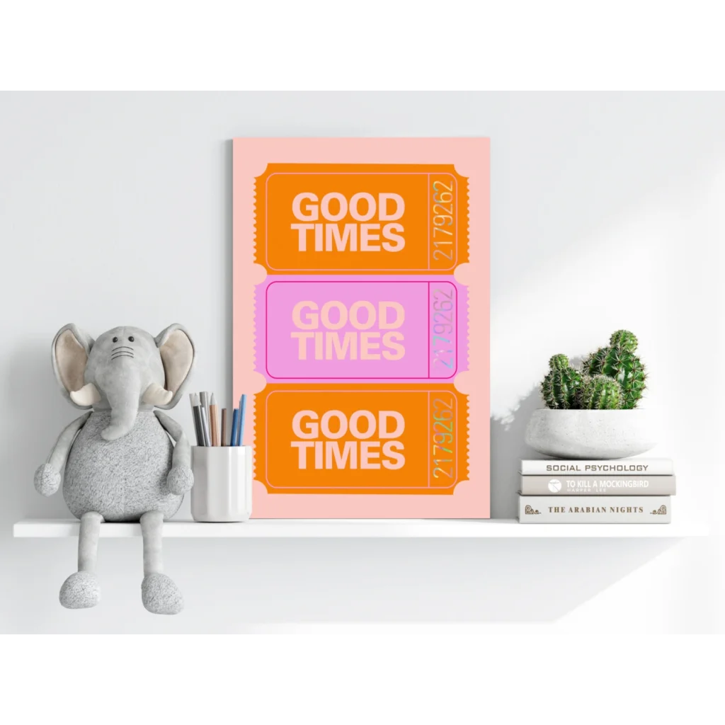 Vibrant good times ticket insigne aluminum prints in pink with orange hues