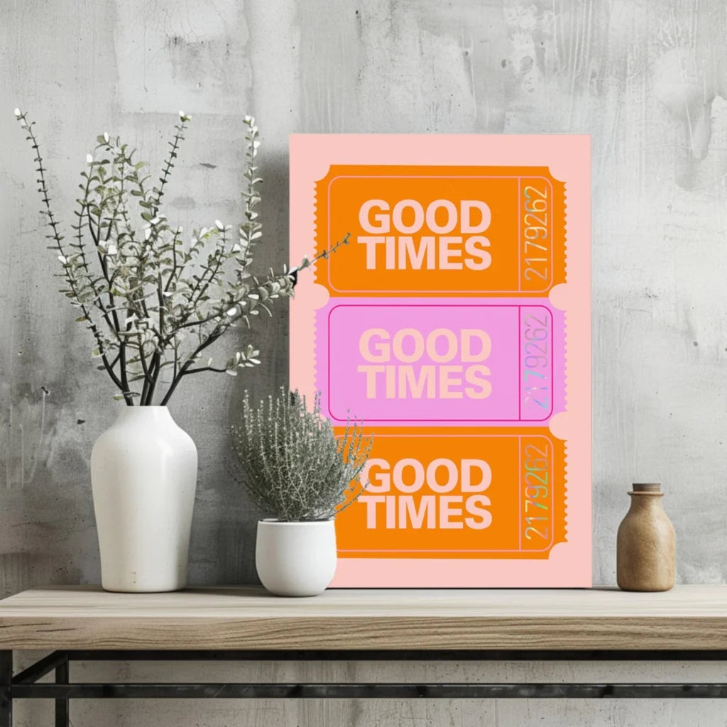 Pink framed Good Times ticket insigne aluminum prints with stacked designs