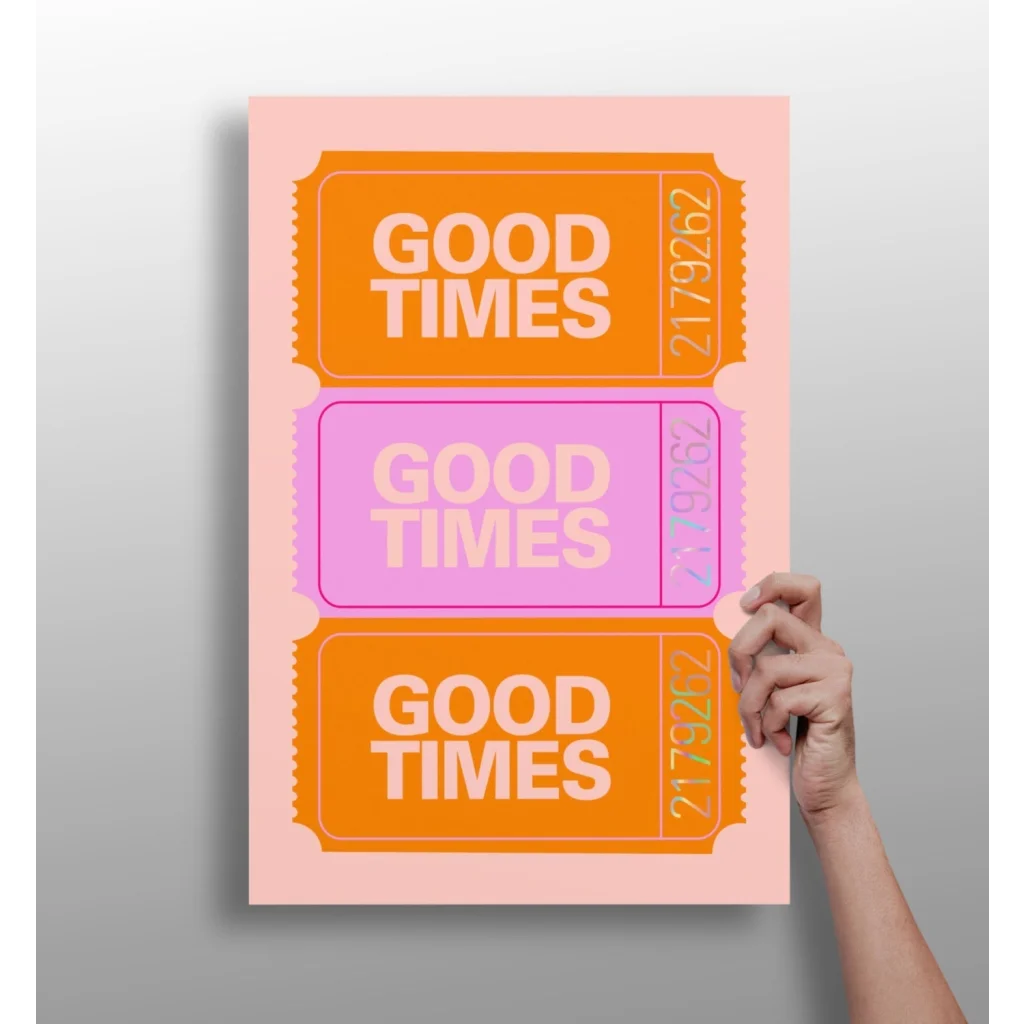 Vibrant pink good times ticket insigne aluminum prints in orange purple hues