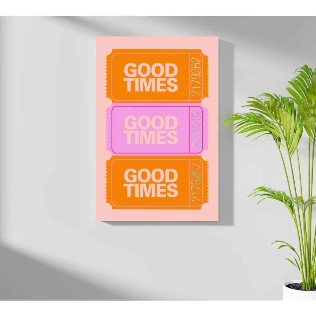 Pastel pink good times ticket insigne aluminum print with stacked orange purple designs