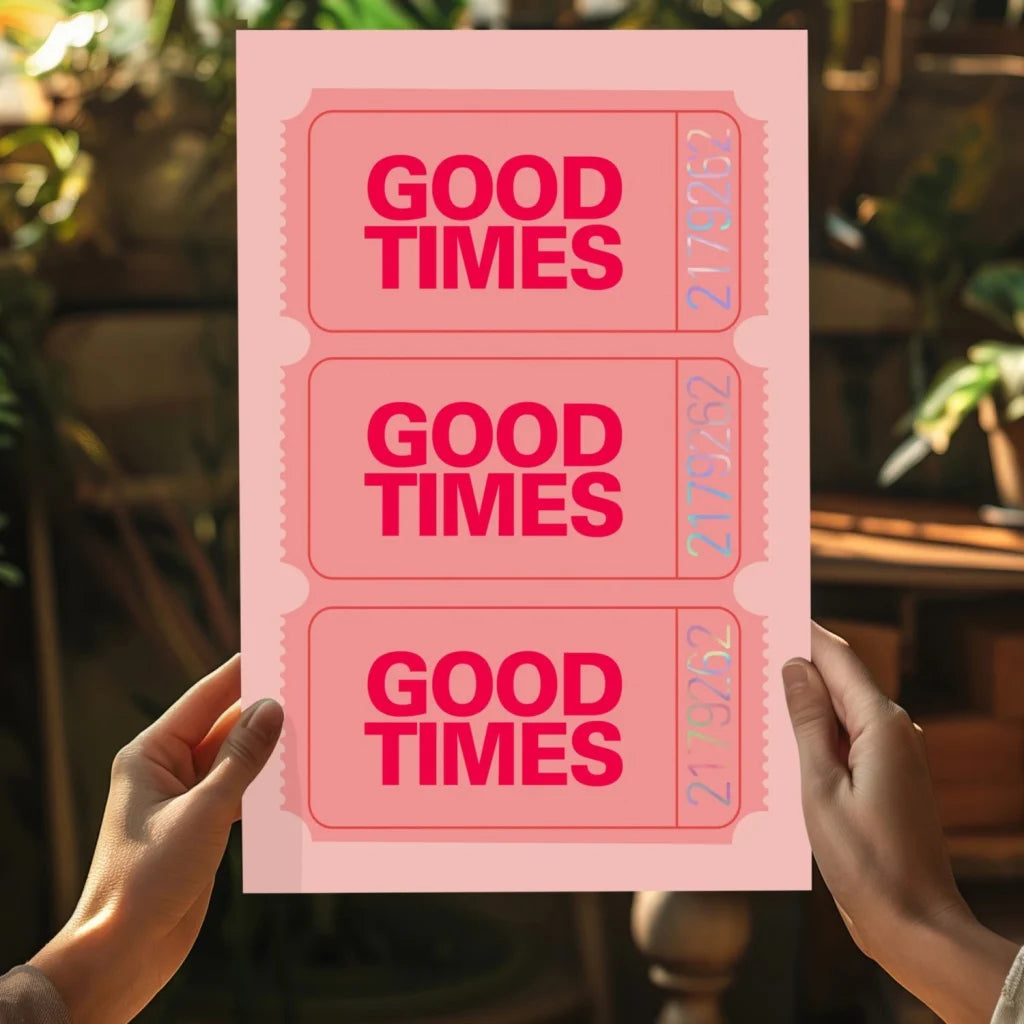 Pink retro good times ticket insigne aluminum prints wall art