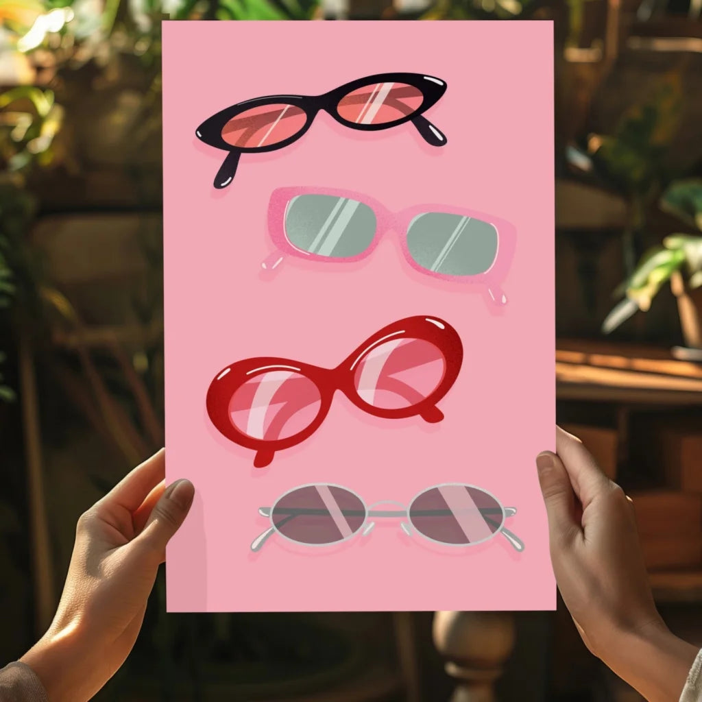 Vibrant pink poster of Insigne Aluminum Prints sunglasses in pop art style