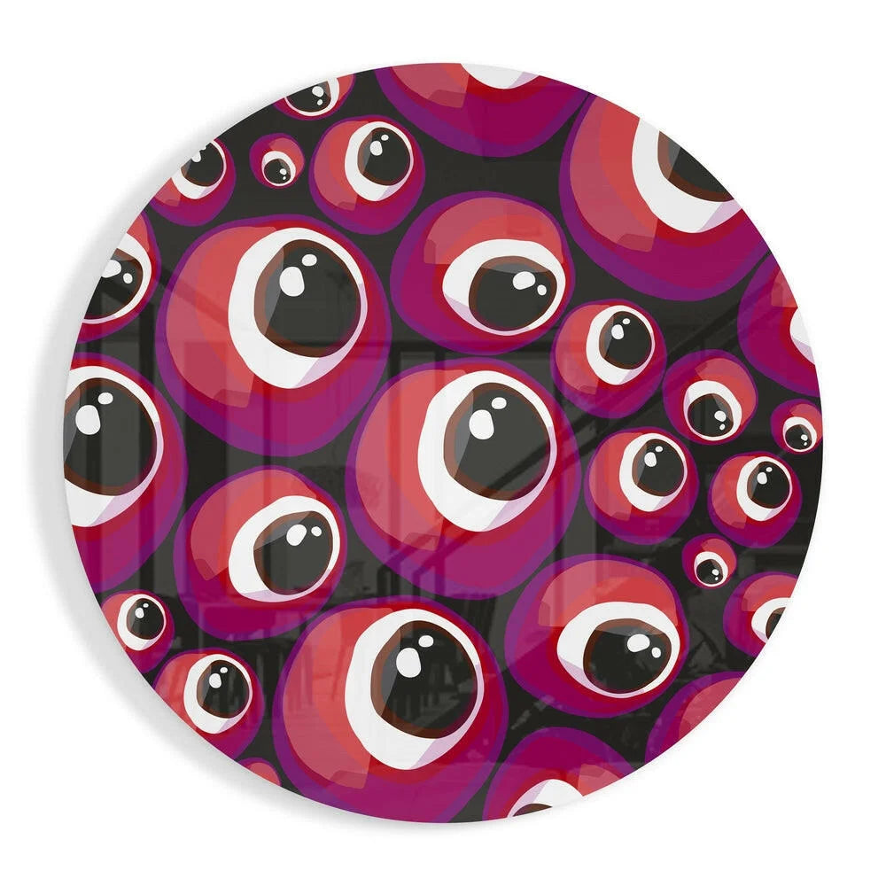 Purple googly eye tempered glass art with size comparison sheet