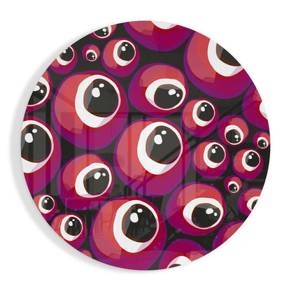 Purple googly eye tempered glass art with size comparison sheet