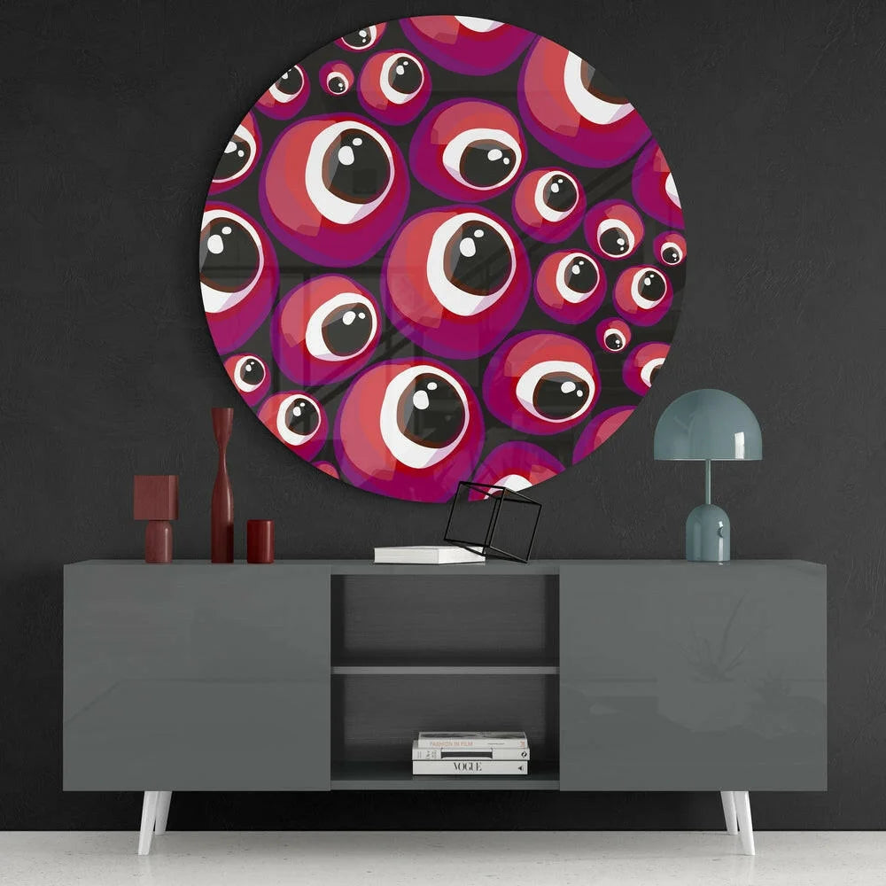 Purple googly eye tempered glass art with glossy finish and size sheet