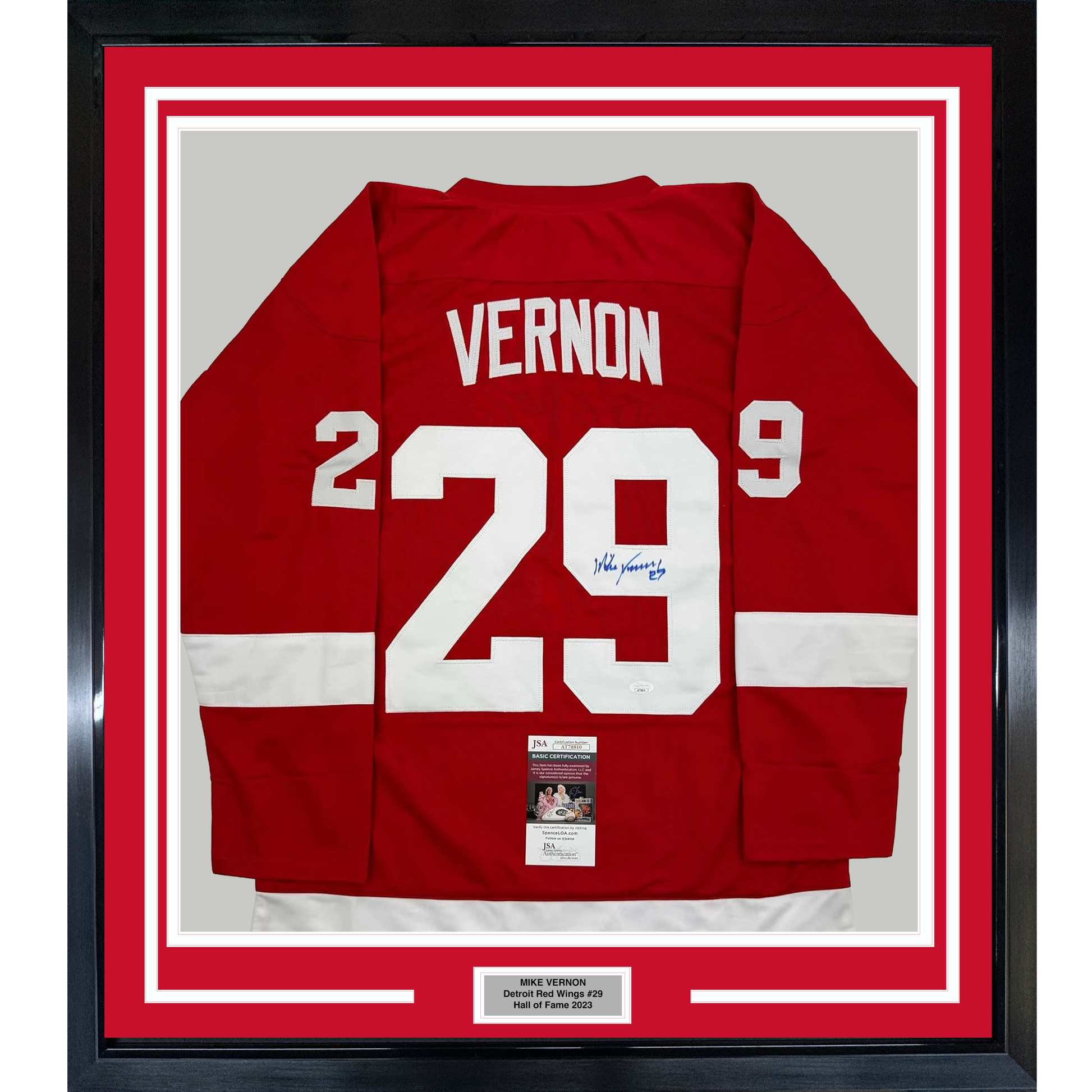 Framed red Detroit Red Wings jersey number 29 with "VERNON" nameplate, signed, displayed front-facing with JSA authentication certificate visible.