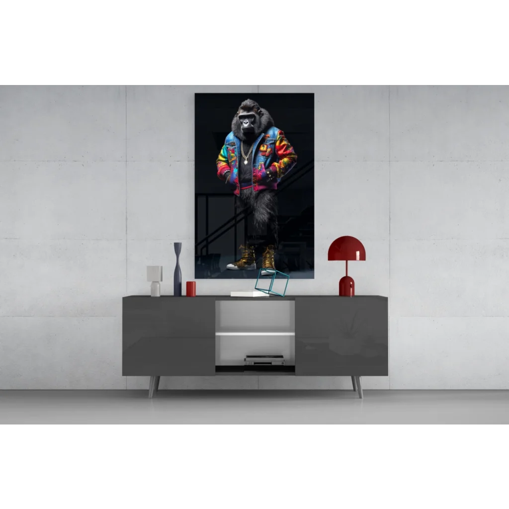 Funky Gorilla glass wall art canvas print with vibrant gorilla in jacket and boots
