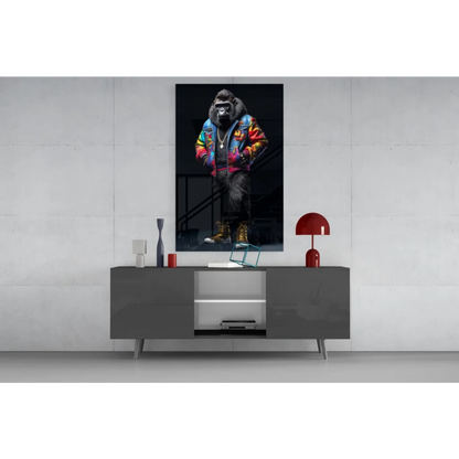 Funky Gorilla glass wall art canvas print with vibrant gorilla in jacket and boots