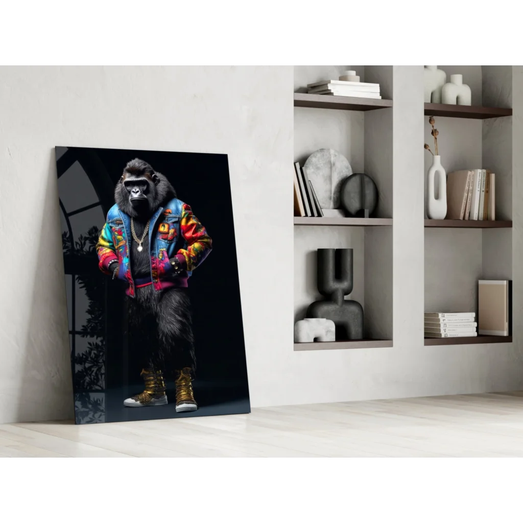 Funky Gorilla glass wall art canvas print in vibrant denim jacket