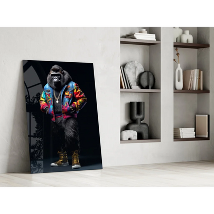 Funky Gorilla glass wall art canvas print in vibrant denim jacket