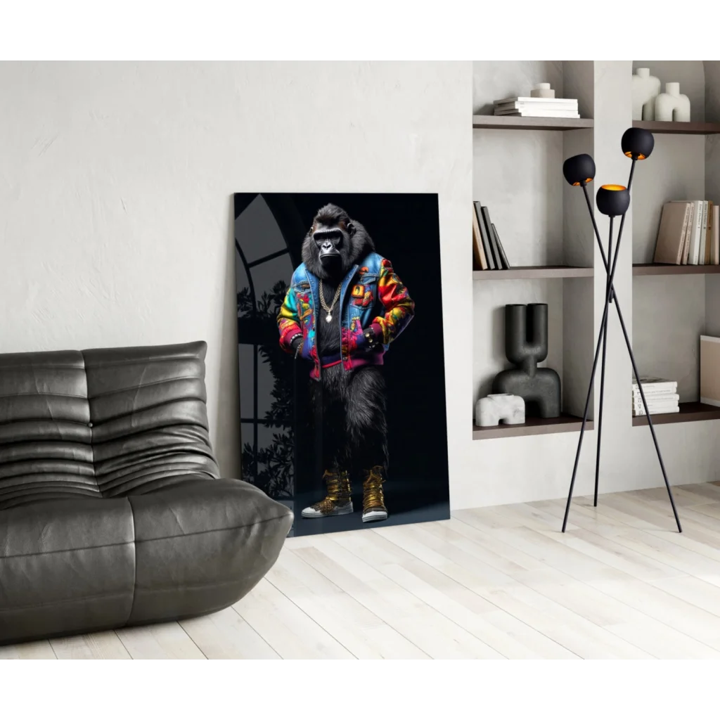 Funky Gorilla glass wall art canvas print of vibrant denim jacket gorilla