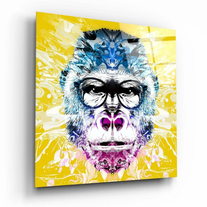 Vibrant abstract gorilla glass wall art in electric blue purple white on yellow