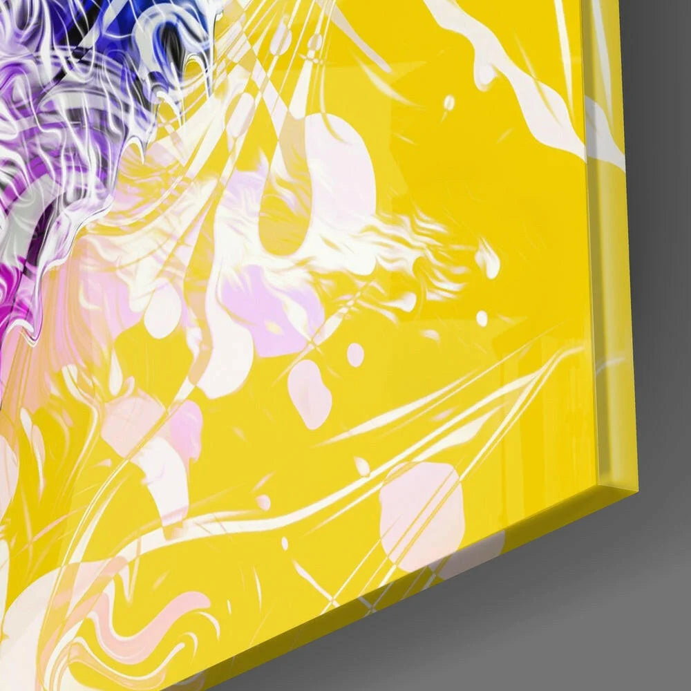 Vibrant electric abstract Gorilla Glass wall art with swirling yellow, purple, white strokes