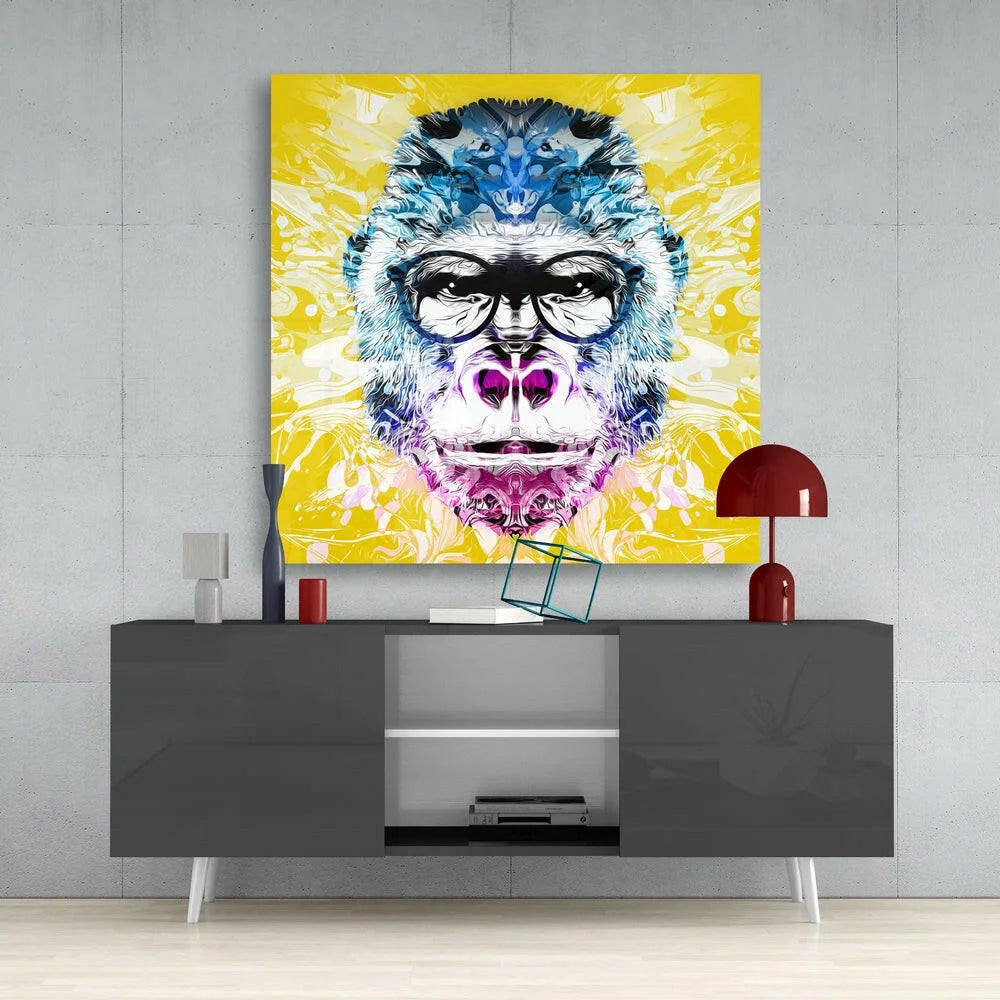 Vibrant abstract gorilla glass wall art in blue, purple, pink on yellow