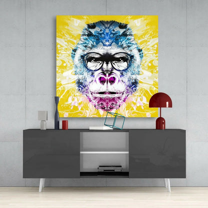 Vibrant abstract gorilla glass wall art in blue, purple, pink on yellow