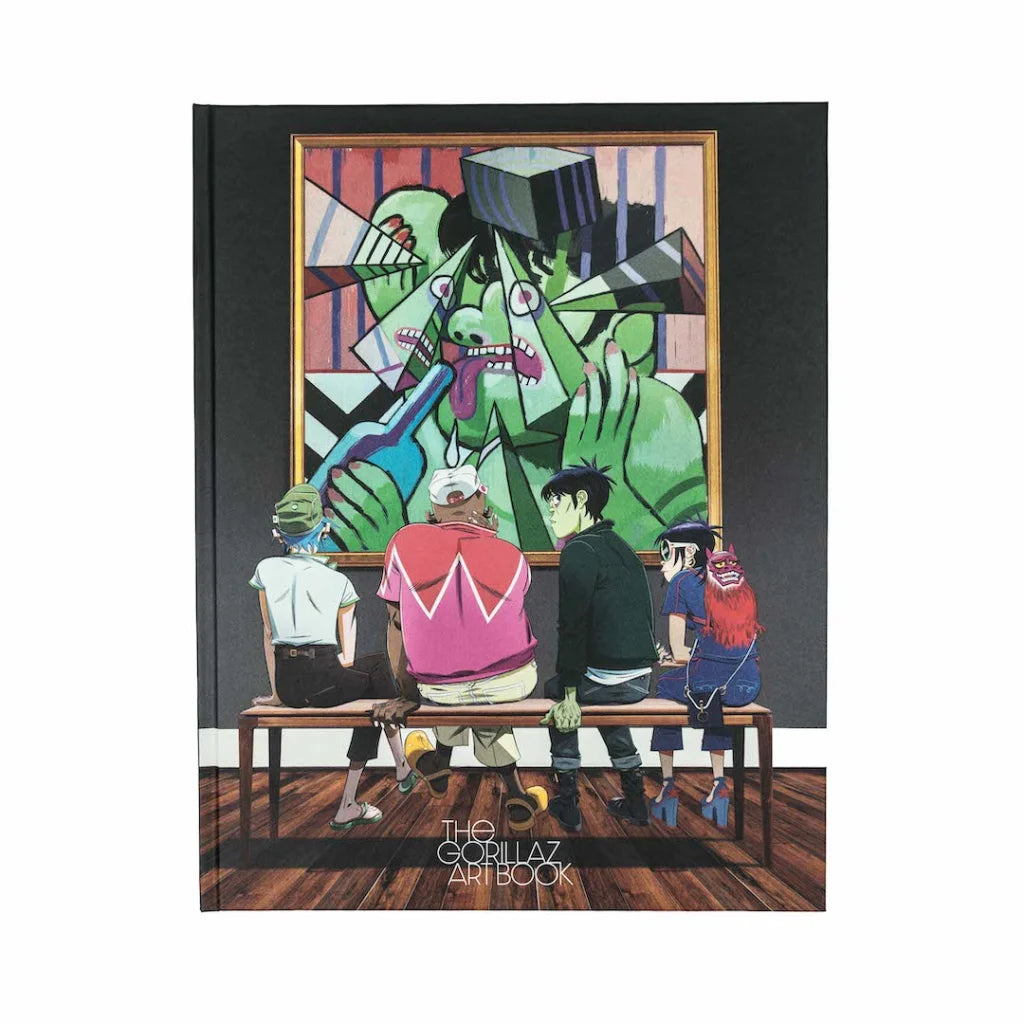 Gorillaz art book cover with band members viewing a cubist-style painting