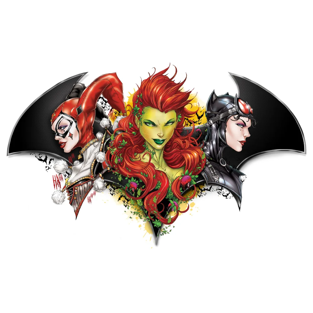 Vibrant Harley Quinn, Poison Ivy, Catwoman comic art on brushed aluminum print