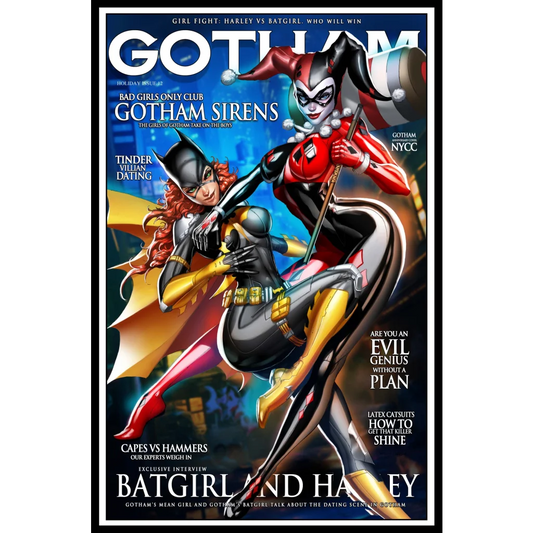 Harley Quinn and Batgirl strike epic poses on Gotham Masked Sidekick magazine cover