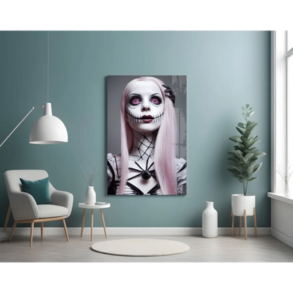 Gothic pink skeleton woman with spiderweb on glass wall art