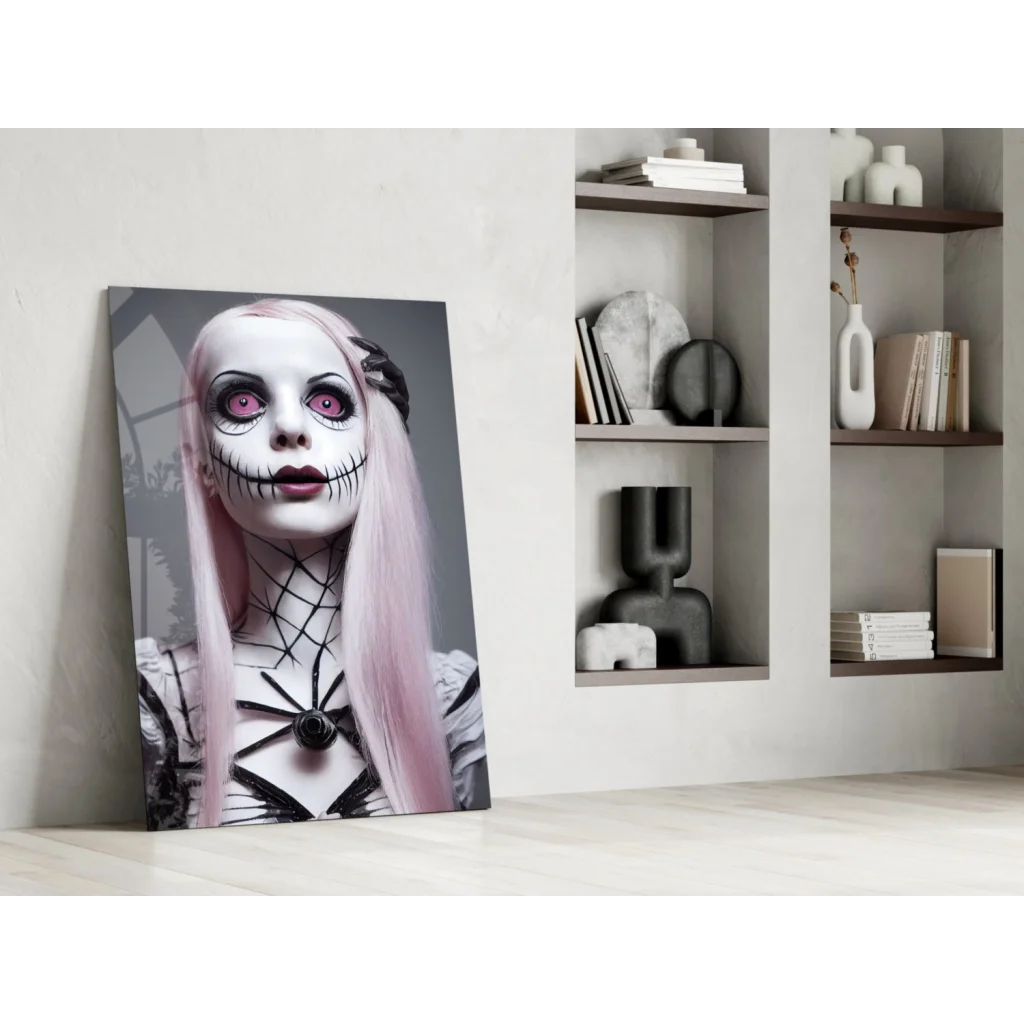 Gothic pink skeleton glass wall art with spiderweb design